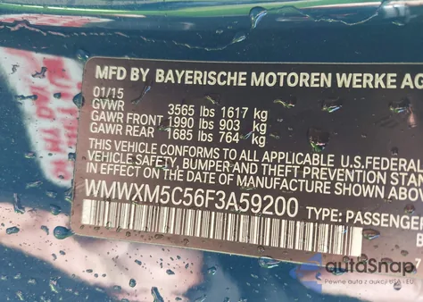 2015 Mini Hardtop Cooper z USA, uszkodzony, nr VIN WMWXM5C56F3A59200